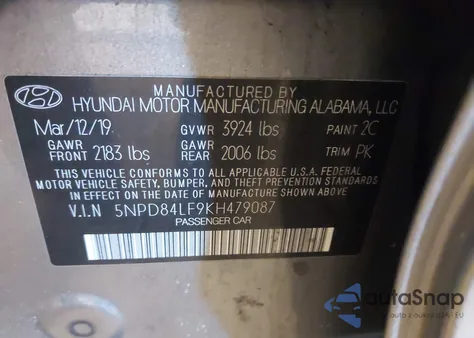 2019 Hyundai Elantra Sel z USA, uszkodzony, nr VIN 5NPD84LF9KH479087